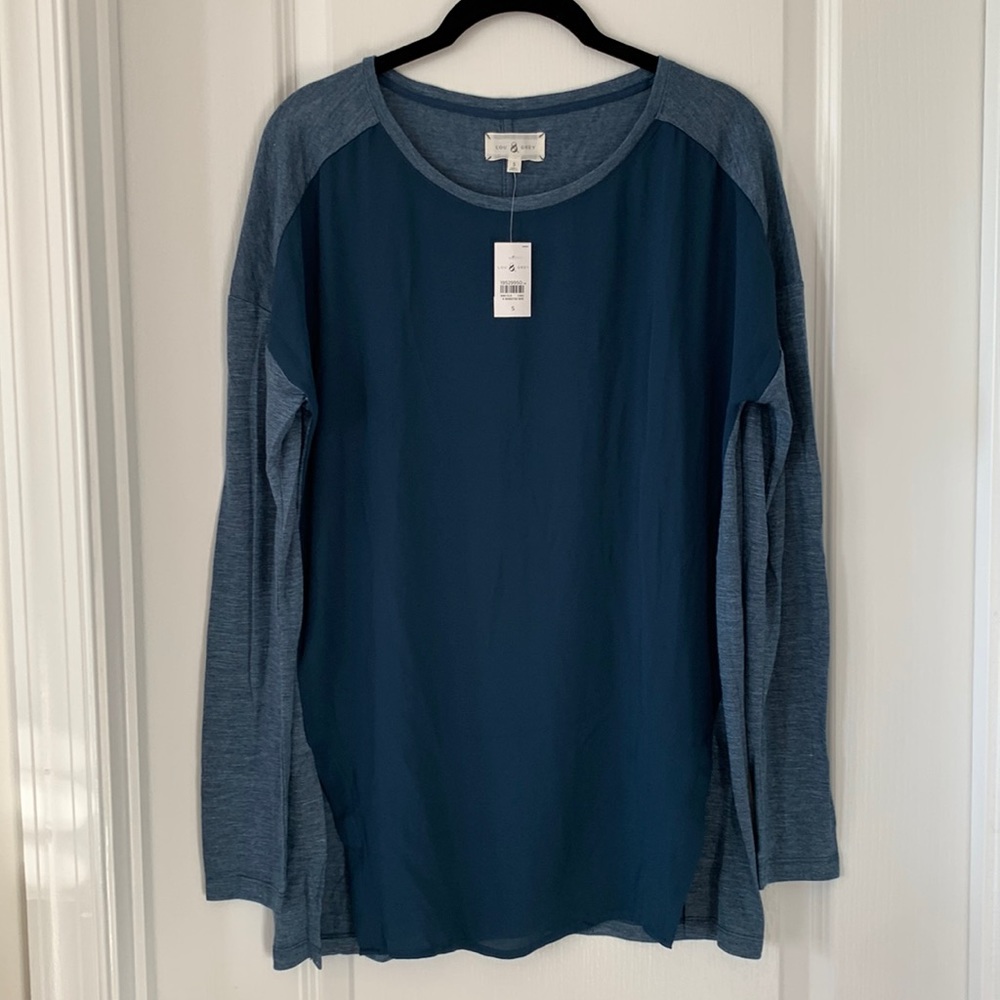NWT LOU & GREY Mixed Materials Drop Shoulder Long Sleeves Sheer Tunic Top Size S